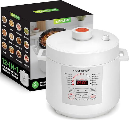 NutriChef 6 Quart Electric Pressure Cooker | 12 Function Digital Countertop Pressure Cooker | Adjustable Time & Temperature | Re-heat and Keep Warm Function | 13.1 x 11.4 IN | White