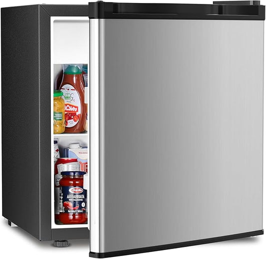 Antarctic Star Compact Refrigerator Mini Fridge with Freezer, Single Reversible Door, Dorm Fridge, Wire Shelf, Defrost Button, for Bedroom, Office, kitchen, 1.7 Cu. Ft, Steel