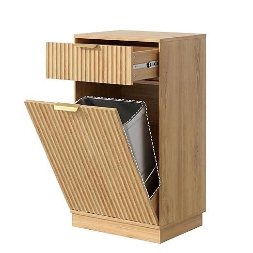 13 Gallon Tilt Out Trash Can Cabinet with Storage, Wooden Farmhouse Trash Can Kitchen Hideaway, Sturdy Freestanding Single Trash Cabinet, Pet-Proof Hidden Garbage Can Cabinet for Kitchen, (Oak)
