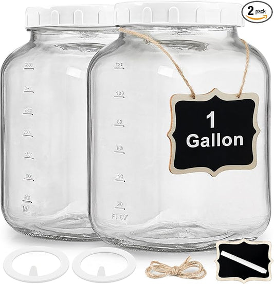2 Pack Wide Mouth 1 Gallon Clear Glass Jar with Lid, Heavy Duty Airtight Screw Lid with Silicone Gasket - Large Mason Jar with 2 Scale Mark for Fermenting Kombucha and Storing Food(Extra 2 Gaskets)