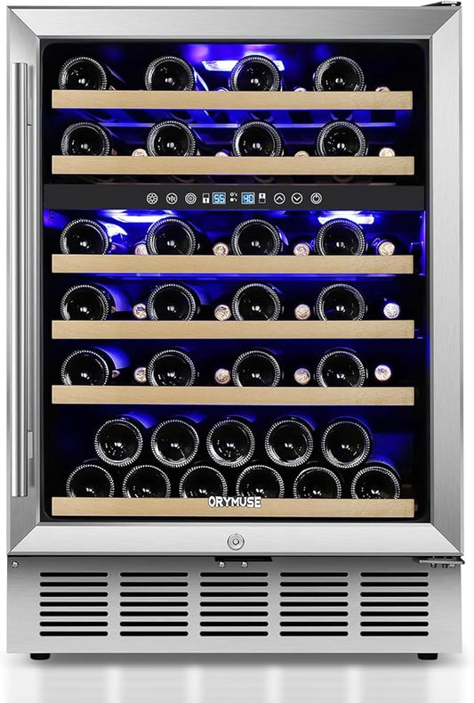 ORYMUSE 24 Inch Wine Cooler Refrigerator, 46 Bottle Dual Zone Wine Fridge with Stainless Steel Glass Door, Adjustable Shelves, Upgraded Compressor, Built-In Freestanding for Home, Bar, Kitchen