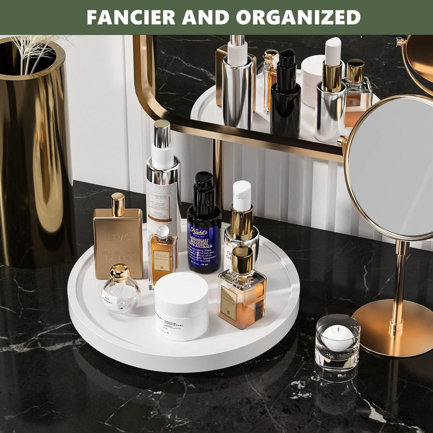 Turntable Vanity Tray 10 Inch for Perfume Candle, Bamboo Kitchen Sink Countertop Organizer for Keep Glass, Sponge and Soap Bathroom Countertop Organizer White