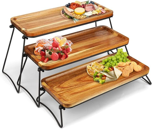 3 Tier Cupcake Stand and Towers Large Serving Tray for Party Acacia Wooden Dessert Table Display Set Decorative Tray Tiered Tray Decor Small Chees Charcuterie Boards Rustic Wood Serving Platters Trays
