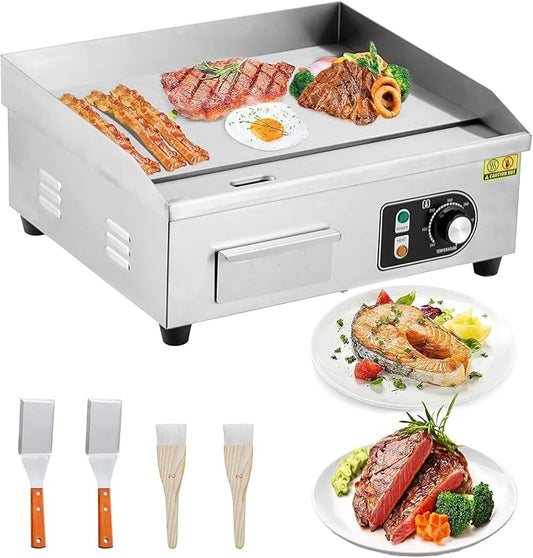 1600W 22" Half Flat Top Electric Griddle – Commercial-Grade Stainless Steel, Adjustable Temp, 2 Shovels/Brushes & Plug Included
