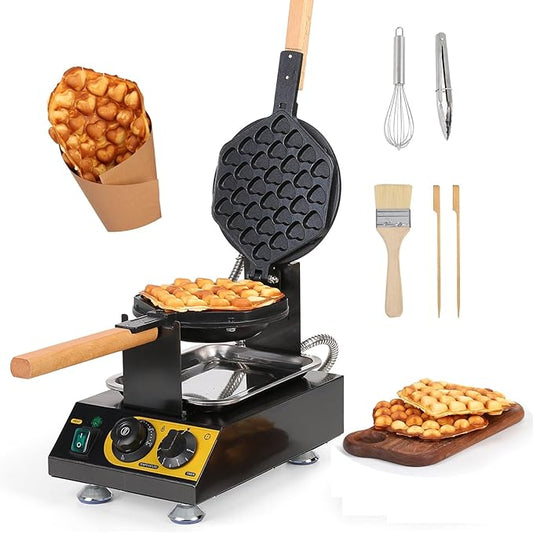 Dyna-Living Commercial Bubble Waffle Maker, 1400W Non-stick Egg Waffle Maker with Crumb Tray, 30 Egg Cones Heart Shape Hong Kong Style Bubble Waffle Machine, 180 Rotating