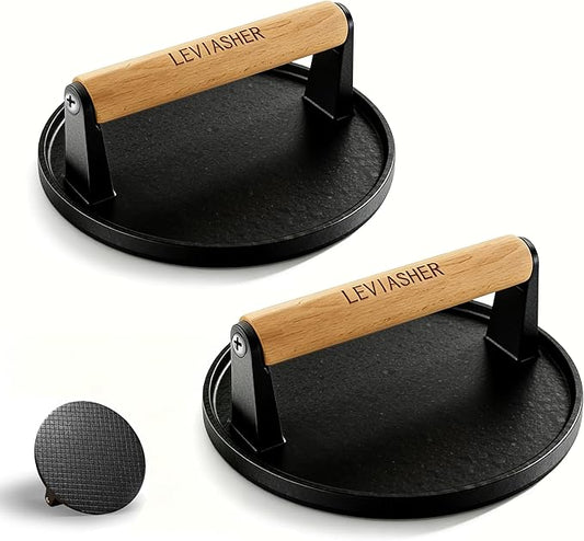 2 Pack 2.2lb Heavy Duty Cast Iron Grill Press, 6.69 inch Smash Burger Press Meat Steak with Wood Handle for Blackstone, Chef, Camp, Panini, Vegetable, Bacon, Sandwich, BBQ, Grid-patterned grill