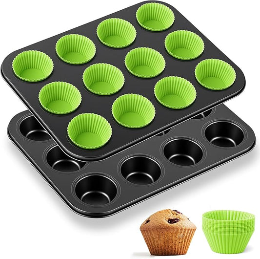 2 Set 12-cup Non Stick Carbon Steel Muffin Pan for Baking with 24 Reusable Silicone Liners, Non Toxic Cupcake Pan Muffin Tin for Easter Wedding Brownies Egg Bite, Easy to Pop(Green)