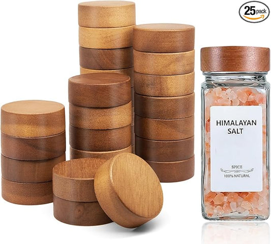 25 Pcs Spice Jar Lids Acacia Wood,Fits 4 Oz and 8 Oz Glass Spice Jars,For Square and Round Plastics Spice Jars,Jar Not Included