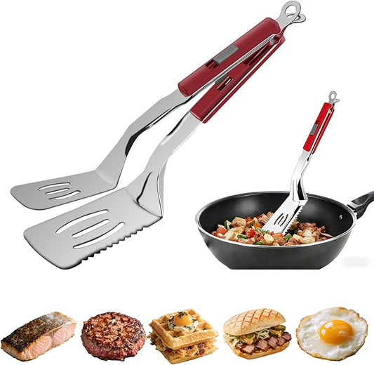 11.5-inch Stainless Steel Tongs for Cooking – Versatile Metal Spatula Tongs for Flipping, Picking Up, Cutting, and Stir-Frying Meats and Other Foods. Kitchen Tongs Durable and Multifunctional.(Red)