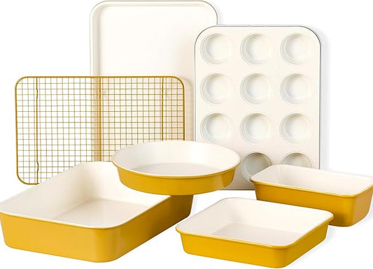 CAROTE 7-Piece Ceramic Baking Pans Set, Aluminized Steel Bakeware Sets, Toxin-Free Nonstick Stackable Oven Pans with Cookie Sheet, Muffin Pan, Loaf Pan, Roasting Pan, Cake Pans, Cooling Rack