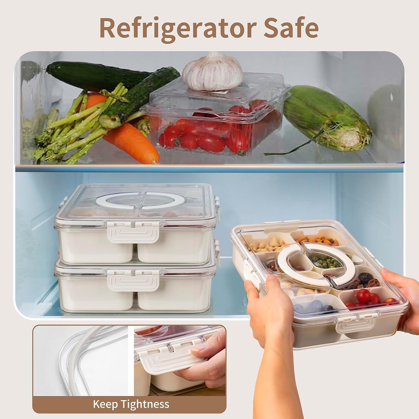 Snack Box Container, Dishwasher Safe Fruit Storage Containers, Divided Serving Tray with Lid for Veggie, Candy and Nuts, Snackle Charcuterie Boxes for Kids, Adults Travel, Party and Picnic (2 Pack)