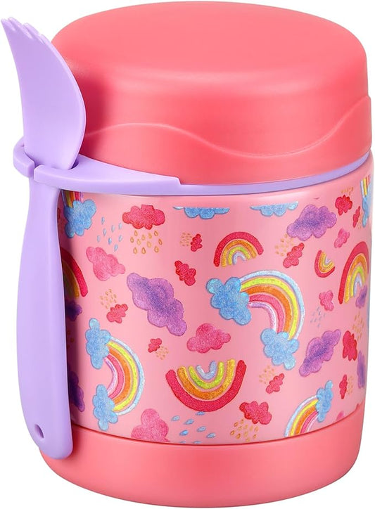 10oz Soup Thermo for Hot Food Kids,Lunch Thermo Kids Food Jar with Spoon Hot Insulated Food Containers,Leak Proof Stainless Steel Wide Mouth Lunch Thermo Jar for School(Pink-Rainbow)