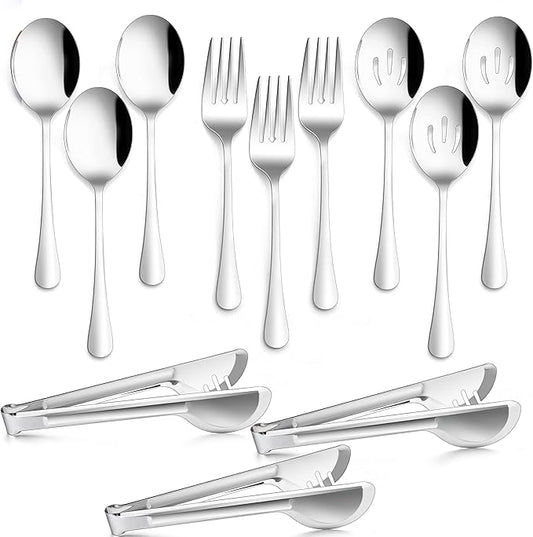 12-Piece Large Serving Utensils Set, E-far Stainless Steel 9.8 Inch Serving Slotted Spoons, 9.9 Inch Fork, 9.4 Inch Tong for Buffet Catering Banquet, Mirror Finish & Dishwasher Safe