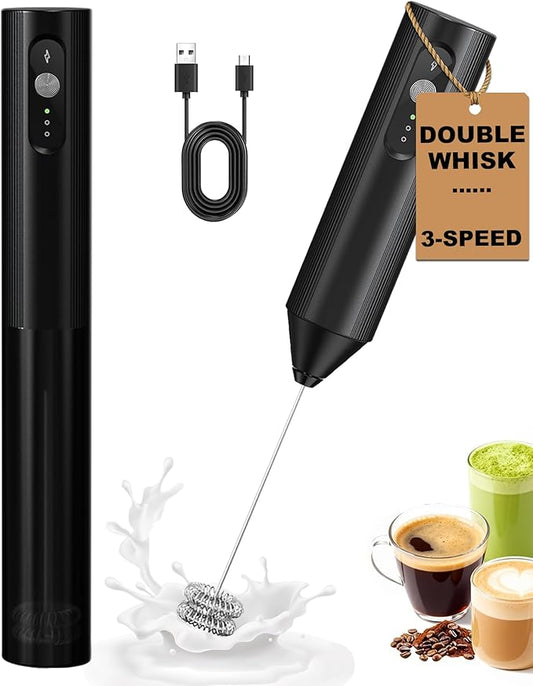 3-Speed Rechargeable Milk Frother with Cover, Dual Coil Whisk Coffee Frother Handheld - Portable Hand Frother Wand for Coffee Matcha Cappuccino & Hot Chocolate, Kitchen Gift, Black