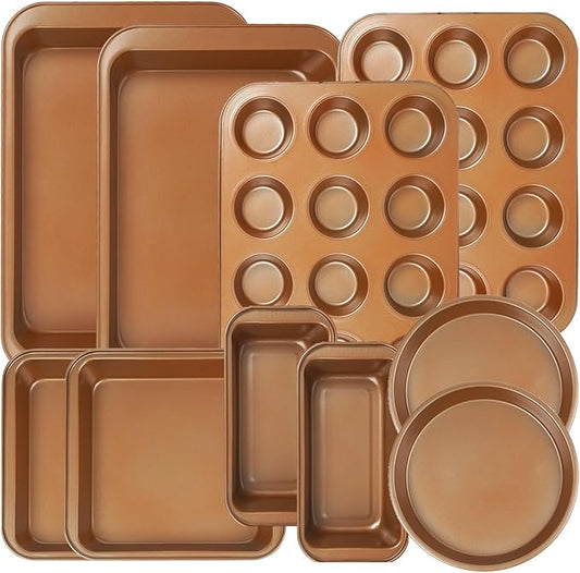 10PCS Nonstick Baking Pans Set - Bakeware Sets for Cooking, Oven and Dishwasher Safe, Non Toxic, Includes Cookie Sheets for Baking, Muffin Pan, Bread Pan, Cake pan, Loaf Pan, Roasting Pan Gold