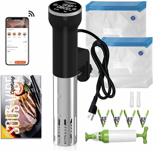 CATTLEMAN Sous Vide Machine Wi-Fi, 1000W, IPX7 Waterproof, Sous Vide Cooker, Immersion Circulator, Suvee Cooker Kit with 30 Vacuum Bags, Vacuum Pump, Cookbook, Accurate Temperature&Timer