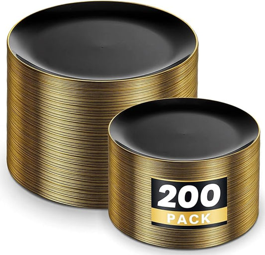 KIRE 200Pcs Black Plastic Plates - Black Plates Disposable for Party - Include 100 for Dinner and 100 for Dessert for Birthday/Wedding/New Year