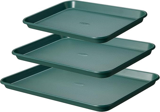 CAROTE 3-Piece Baking Pan Set - Bakeware Set, Baking Sheet Set Including 13 Inch 15 Inch 17 Inch Sheet Pan, Cookie Sheet for Baking, Deep Olive Green