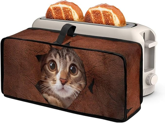 Cat Toaster Cover 2 Slice Brown Fabric Toaster Cover 2 Slice Long Slot, Easy to Fold and Store, Heat-Resistant Protective Dust Covers for Kitchen Appliances