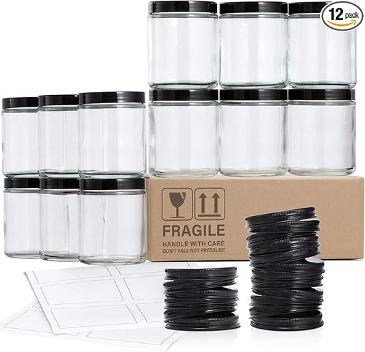 12 Pack, 8 OZ Clear Candle Jars For Making Candle, Thick Glass Jars with 12 Metal & 12 Plastic Lids - Empty Round Food Storage Containers, Canning Jar For Spice, Powder, Liquid, Sample - Food Grade