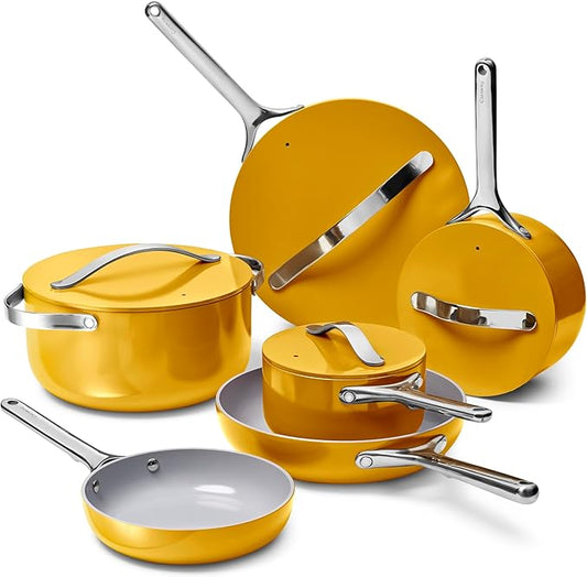 Caraway Deluxe Non-stick Ceramic Cookware Set (16 Piece) Pots, Frying Pans, Lids and Kitchen Storage - PFAS & PFOA Free - Oven Safe Pan Set & Compatible with All Stovetops - Marigold