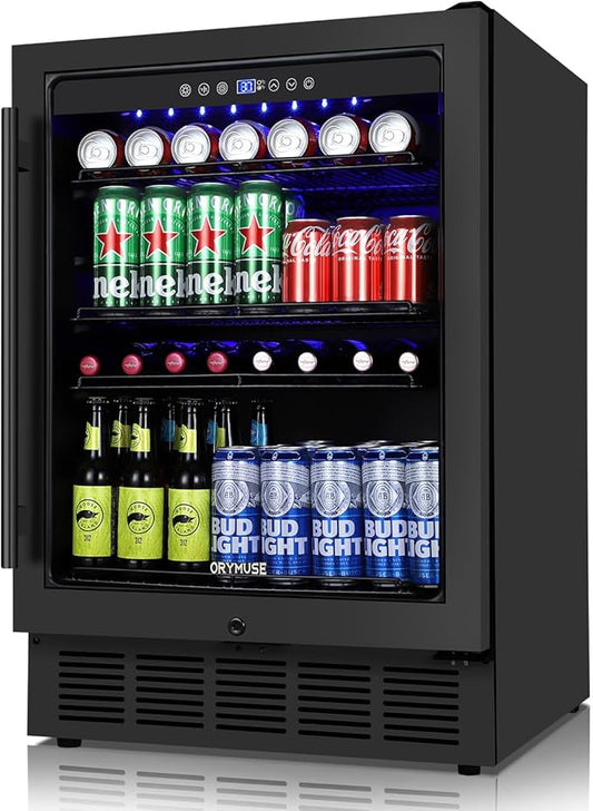 ORYMUSE Beverage Refrigerator 24 Inch, 180 Can Drink Fridge with Glass Door, Under Counter or Freestanding Beverage Cooler for Soda, Beer, Wine – Quiet Cooling for Kitchen, Bar, Office, Black