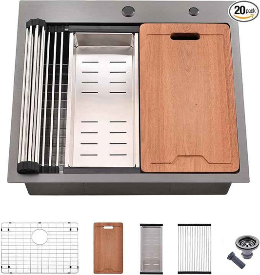 25 Inch Black Drop In Kitchen Sink Workstation - VOKIM 25x22-Inch Drop In sink 16 Gauge Stainless Steel 10'' Deep Single Bowl Handmade Kitchen Sink with Cutting Board& Strainer