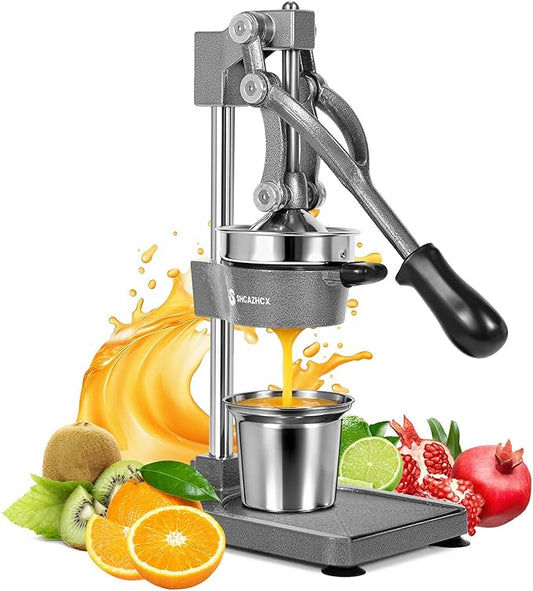 Cast Iron Juicer, Manual Citrus Press, Heavy Duty Hand Press Fruit Squeezer with Stable Base & Maximum Juice Yield for Orange Lemon Lime Pomegranate, Silver
