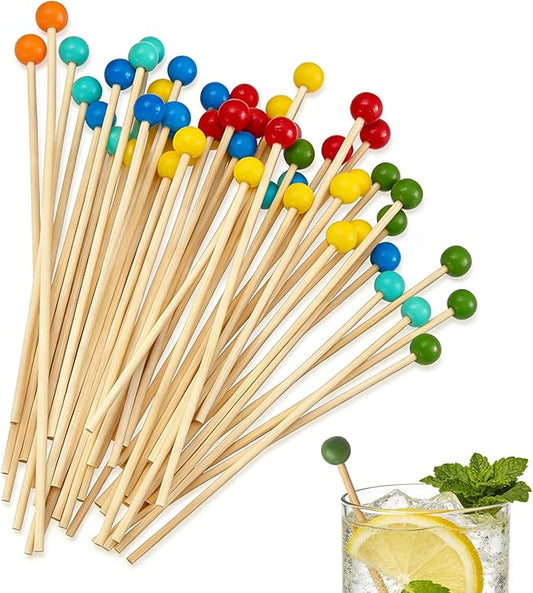 100PCS Rock Candy Sticks with Ball Tips,6 Inch Wood Swizzles Sticks,Natural Wood Cake & Drink Stirrer Sticks for Lollipop Coffee Appetizer Skewers (Multi-color)