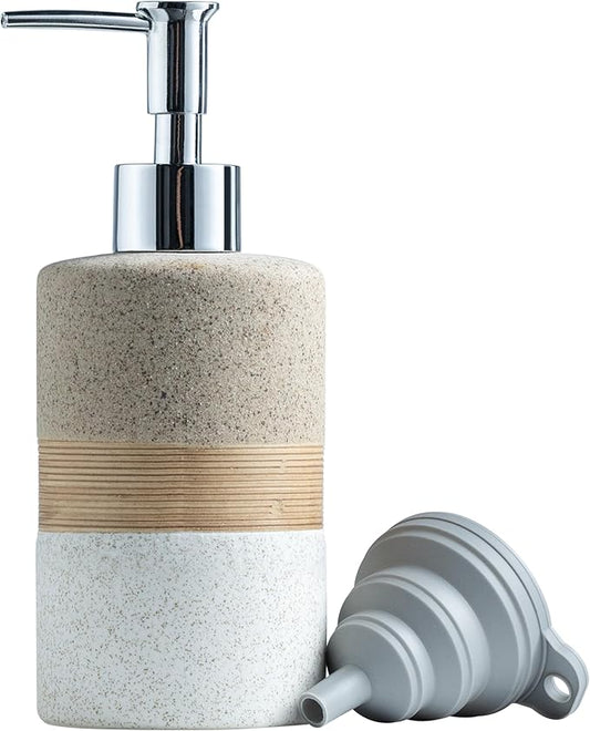 Ceramic Dish Soap Dispenser Set with Silicone Funnel, Hand Soap, Shampoo, Body Wash, Lotion Dispenser for Kitchen and Bathroom, Stainless Steel Pump, Non Slip, 12 Oz