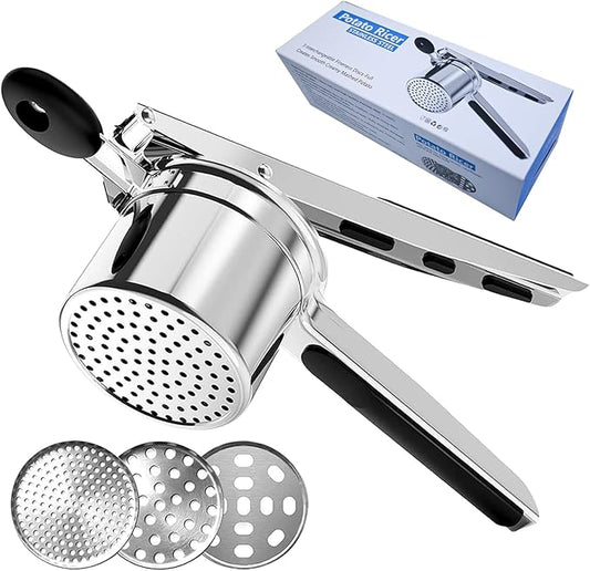 15 oz Stainless Steel Potato Ricer with 3 Interchangeable Plates, Large Capacity, Dishwasher Safe, Silicone Handles, Perfect for Mashed Potatoes, Baby Food, Vegetables & More