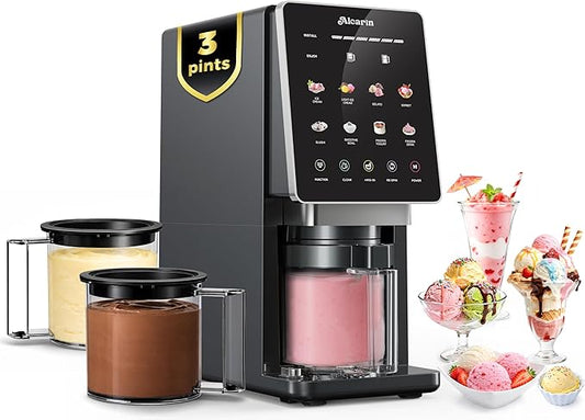 Alcarin Electric Ice Cream Maker Machine for Homemade, Frozen Treat, Gelato, Yorgurt, Sorbet, Mix-in & More, 10 One-Touch Programs with 3 Pints, Keto, Vegan, Dairy-Free Options(Not Freezer)