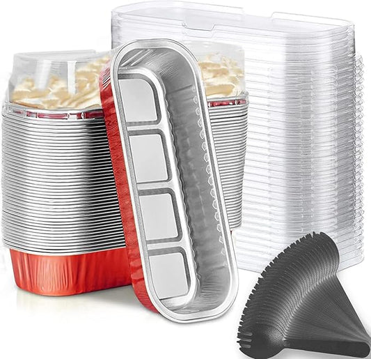 Findful Mini Loaf Baking Pans with Lids and Spoons (50 Pack, 6.8oz) Rectangle Aluminum Foil Baking Pans Tins Containers - Cupcake Containers Wrappers Cheesecake Creme Brulee Ramekins