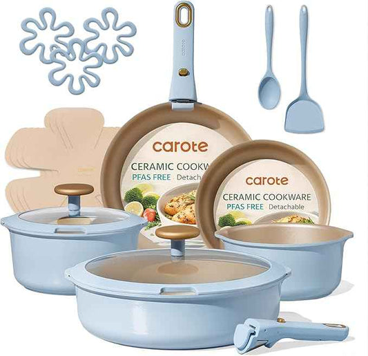 CAROTE 18Pcs Titanium Reinforced Nonstick Pots and Pans Set, Nonstick Cookware Set with Detachable Handle, Induction Kitchen Cookware Sets Removable Handles, Dishwasher Safe, Oven Safe, Blue