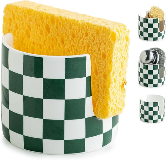 Ceramic Kitchen Sponge Holder, Dish Sponge Holder Suitable for Scrubby Farmhouse Drying Rack Brush Holder for Christmas Bathroom, Kitchen, Sink, Green and White