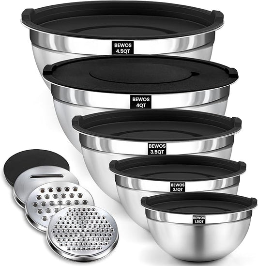 BEWOS Mixing Bowls with Lids Set - 5 Pcs Stainless Steel Mixing Bowls With 3 Grater Attachments, Size 4.5, 4, 3.5, 2.1, 1.5QT Metal Bowls for Baking and Serving (Black)