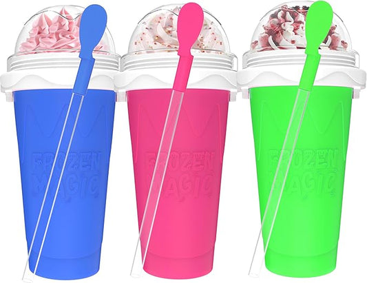 3PCS Slushie Maker Cup, Quick Frozen Magic Cups for Homemade Milk Shake Ice Cream Maker, Double Layer Squeeze Slushy Maker Cup, Birthday Gifts for Mom Dad , Kids,Friends,Family (Pink+Bule+Green)