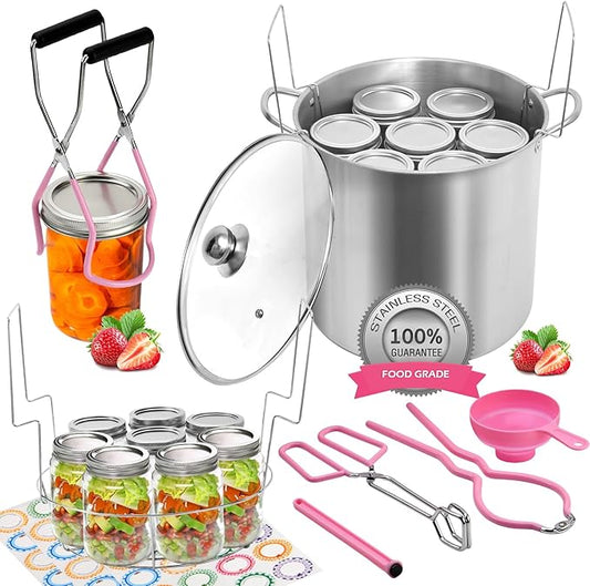 Canning Pot Water Bath Canner with Rack and Lid, 21.5 Quart Stainless Steel Stock Pots, Canning Supplies Starter Kit, Jar Lifter Tongs, Funnels and Full Canning Accessories Tools Set, Pink