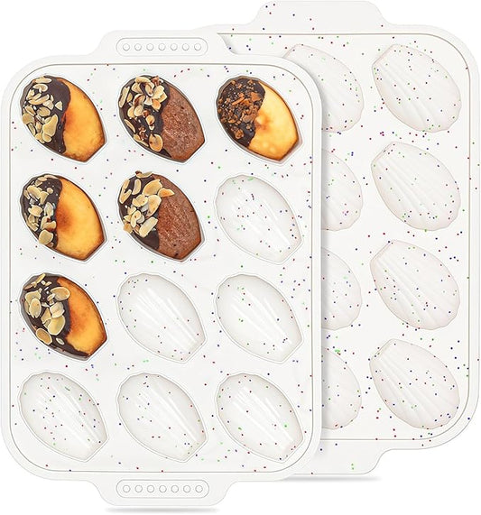 Vinino 2-Pack Silicone Madeleine Pan with Metal Reinforced Frame, 12-Cavity Shell Shape Madeleine Mold with Non-Slip Handle, Nonstick Madeleine Cookie Trays for Oven, BPA Free, Dishwasher Safe- Cream