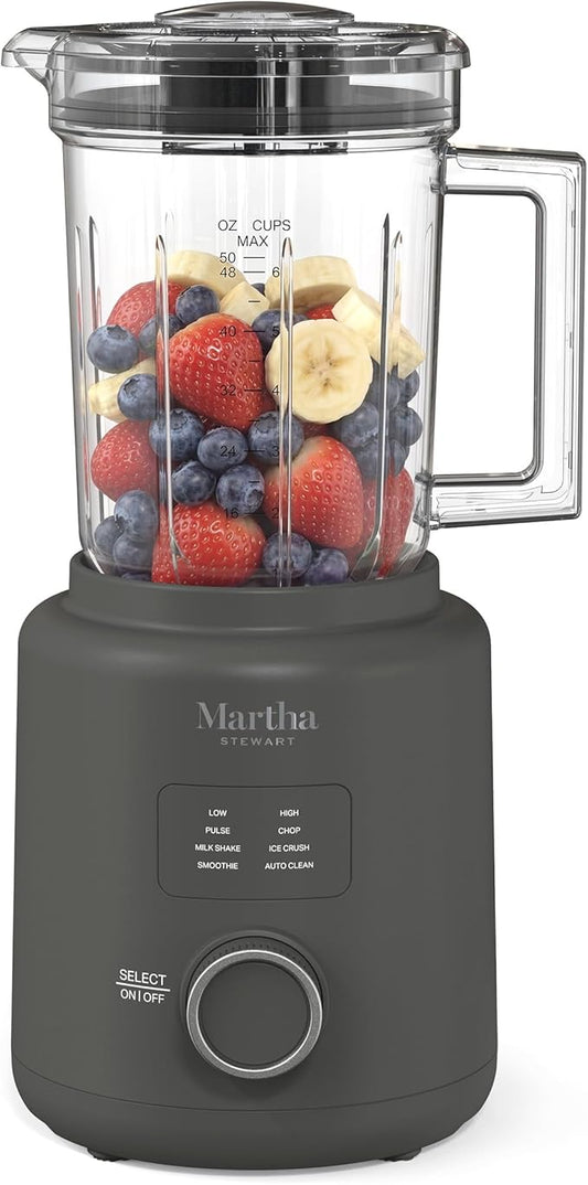 Martha Stewart 50oz Countertop Blender, Smoothie, Margarita & Ice Crushing Blender, BPA-Free Pitcher, 3 Speeds, 5 Presets, Auto-Clean Function, Dishwasher Safe, Stainless Steel Blades, Caviar Gray