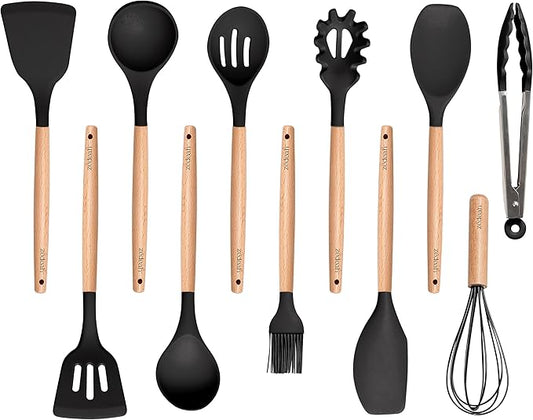 11-Piece Silicone Kitchen Utensils Set with Non Toxic Spatula, Tongs, Whisk, Turner & Ladle – Heat Resistant, Non-Scratch Cooking Tools with Wooden Handles, BPA-Free, Dishwasher Safe (Black)