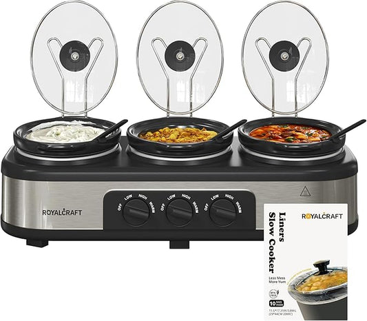 Triple Slow Cooker Buffet Server with 10 Cooking Liners, Adjustable Temperature Settings, Dishwasher Safe, for Parties, Holidays and Entertaining, 3 * 1.5 Quarts Silver