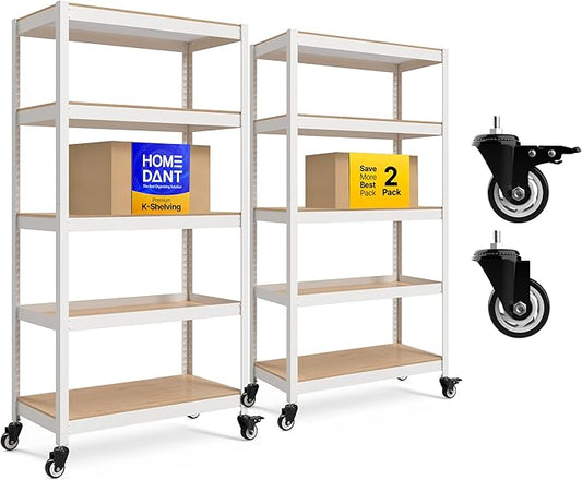 HOMEDANT House White 5-Tier Metal Rolling Cart Shelf Rack Casters Heavy Duty Wheel Shelving Unit Adjustable Utility Storage Shelves Organizer Shelf Kitchen Garage 36.2" W x 16.5" D x 69.5" H 2Pack