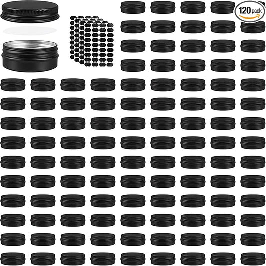 120 Pack 0.5 oz Aluminum Tin Jars with Screw Lids - Food Grade Round Metal Containers for Lip Balm, Salves, Spices & Crafts - Leak Proof Travel Cosmetic Sample Tins with Labels (15ml Black)
