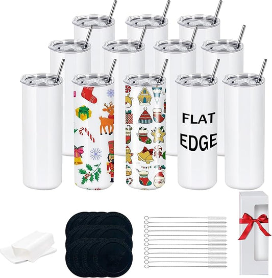 12 Pack 20oz Sublimation Tumblers Bulk,Flat Edge Sublimation Tumbler Blank, Skinny Straight Stainless Steel Blanks Cups with Individual Box (12, 20OZ FLAT EDGE)