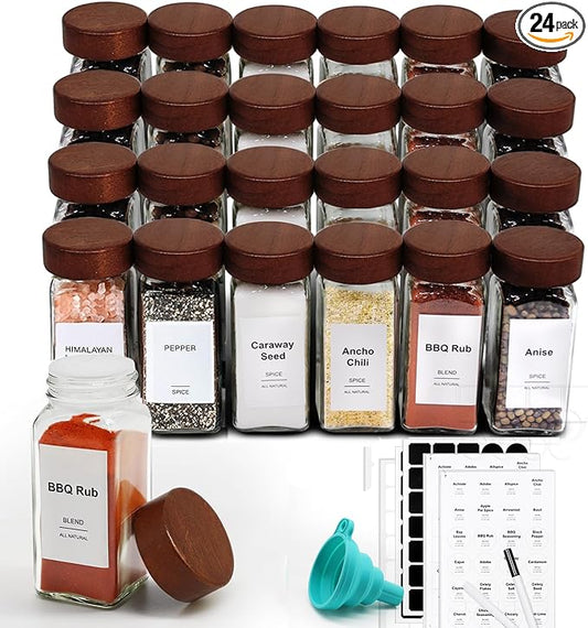24 Pcs Spice Jars, 4oz Seasoning Containers with Acacia Wood Shaker Lids, Glass Spice Bottles with Labels, Square Seasoning Organizer, Kitchen Spice Container