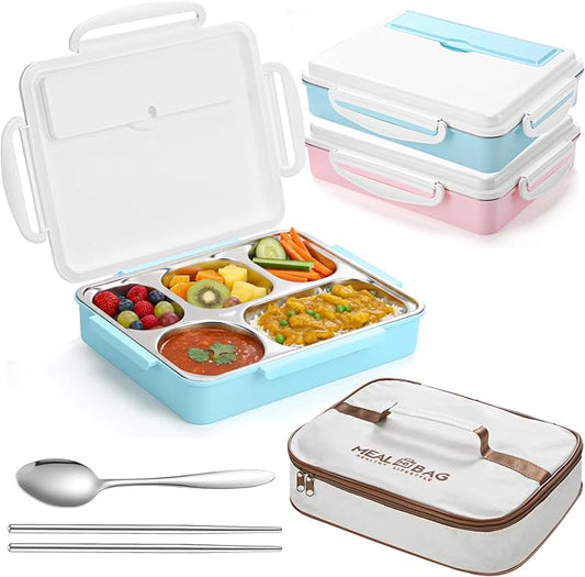 2 Sets Stainless Steel Lunch Bento Box for Adult 2.0 L Leakproof 5 Compartment Metal Bento Box with Bag 8 oz Soup Bowl with Utensils for Office, Travel(Pink, Blue)