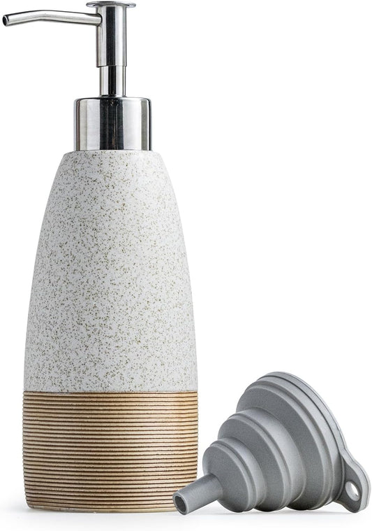 12oz Dish Soap Dispenser with Plastic Pump & Stainless Steel Pump for Hand Soap, Shampoo, Lotion, Conditioner, Ceramic Refillable Soap Bottle with Silicone Funnel for Bathroom, Kitchen, Speckled White