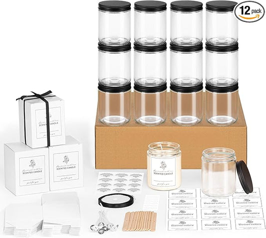 12 Pack 8OZ Glass Jars with Metal Lids, Candle Jars with Candle Making Kits, Labels, Gift Box, Empty Canning Jars, for Food Storage, Spice, Liquid