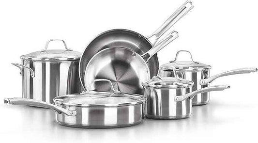 Calphalon Classic Stainless Steel Cookware Set, 10-Piece, Impact-Bonded Aluminum Base, Stay-Cool Handles, Oven Safe 450F, Silver